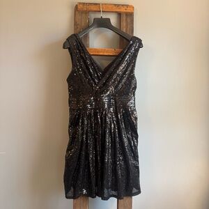 KATE‎ KASIN Womens Sz 14 Cocktail Dress Black Sequin Sleeveless V-Neck Holiday